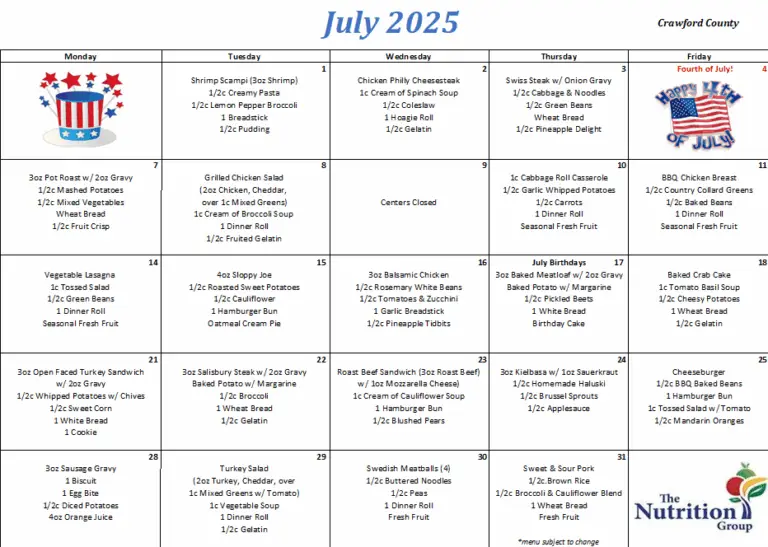 July 2025 Menu