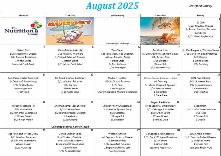 August 2025 Menu