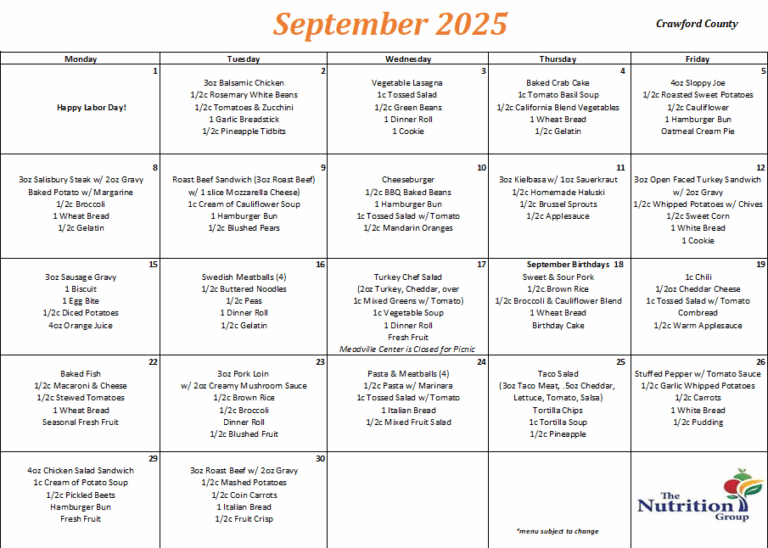 September 2025 Menu