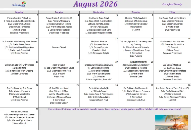 August 2026 Menu